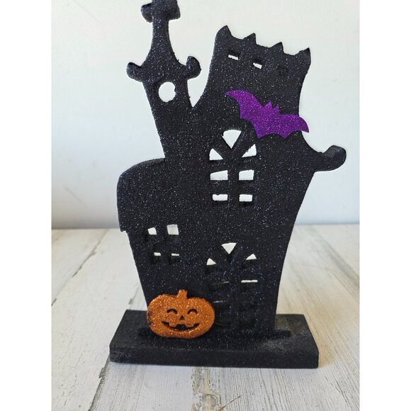 Glitter haunted house Halloween decor pumpkin bat sparkle black - Picture 1 of 6